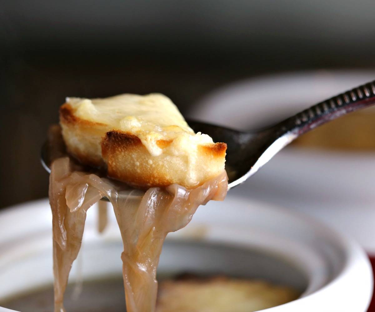 French Onion Soup on a spoon