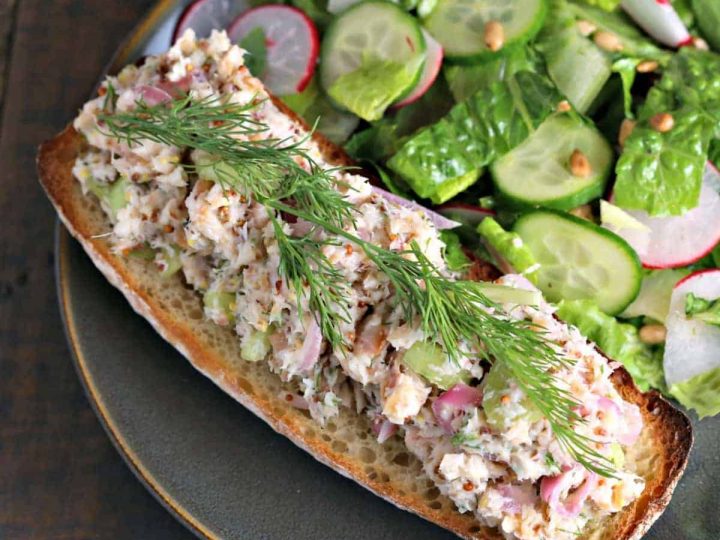 AA open face sandwich on a plate, with Smoked Trout Tartine