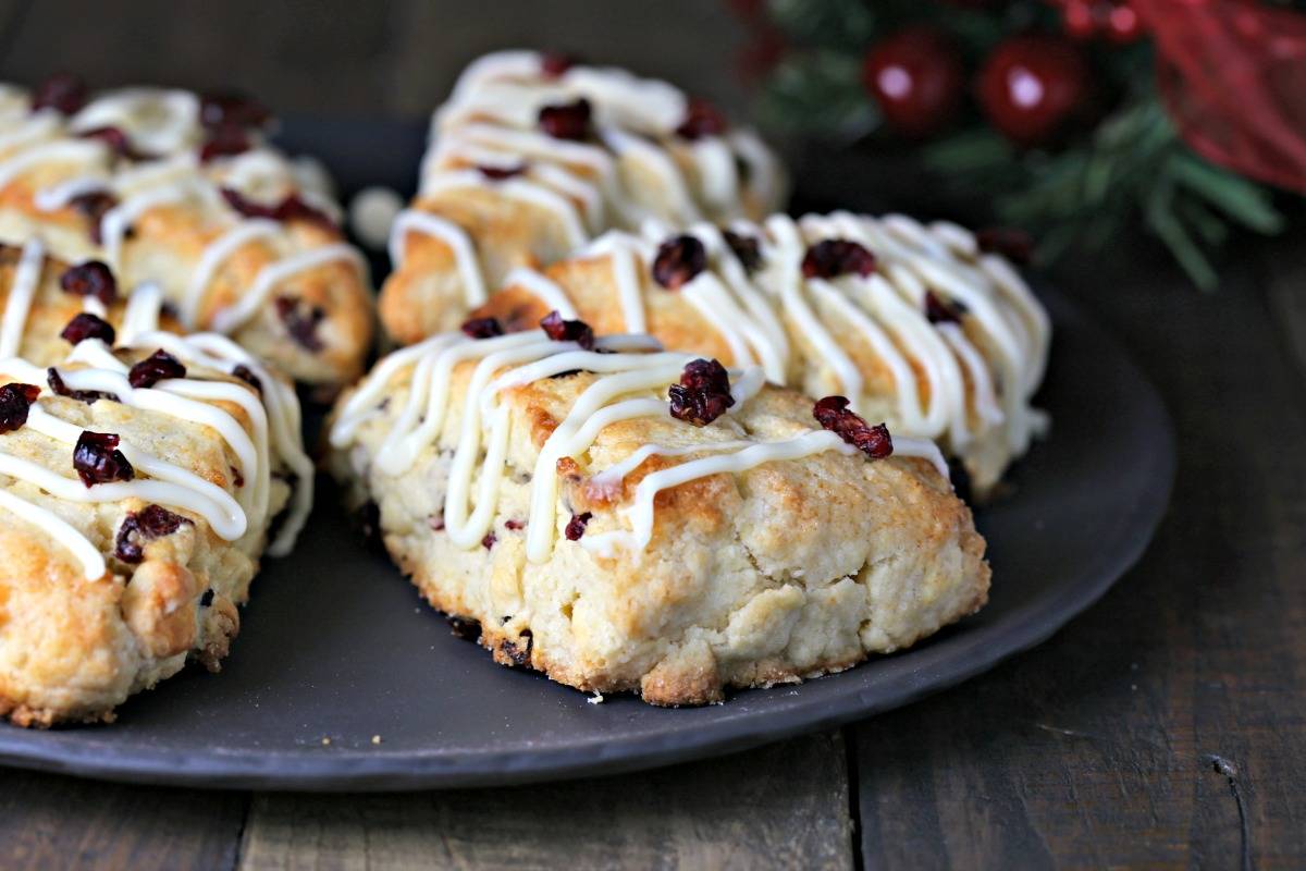 A close up of White Chocolate Cranberry Scones on a table