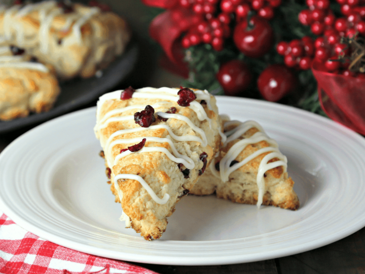 A plate of White Chocolate Cranberry Scones on a table