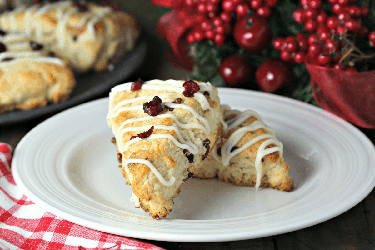 A plate of White Chocolate Cranberry Scones on a table