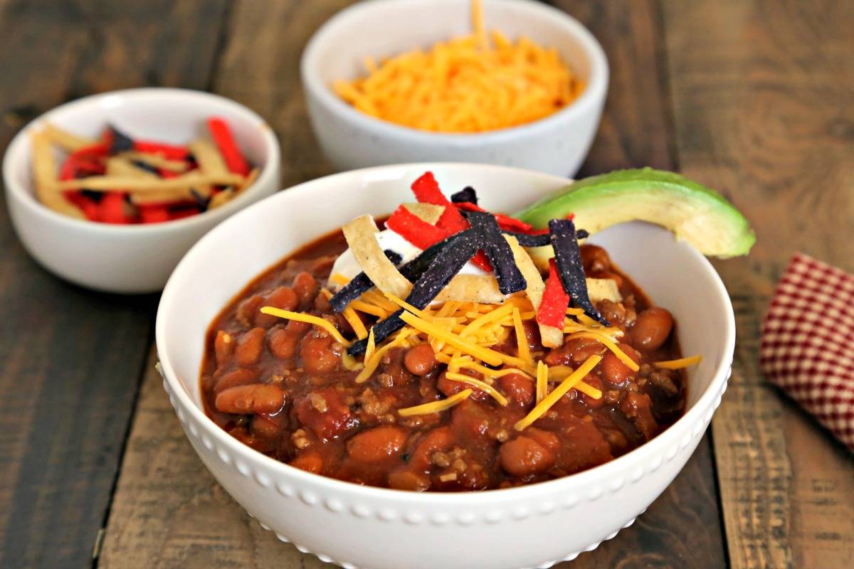 A bowl of Homemade Red Chili on a table