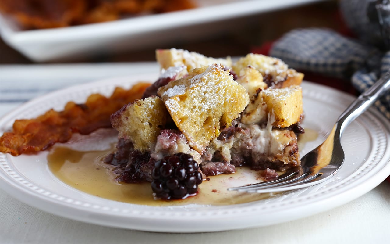 A plate of Blackberry French Toast with a fork