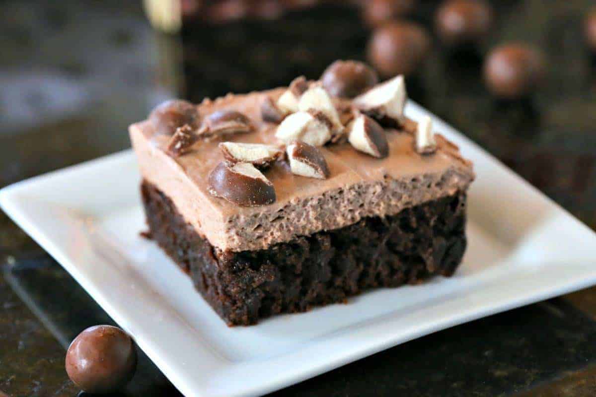 A Malted Mousse Brownie on a white plate