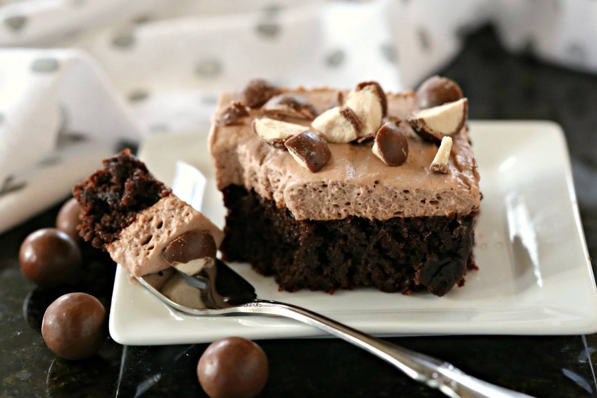 A Malted Mousse Brownie on a white plate