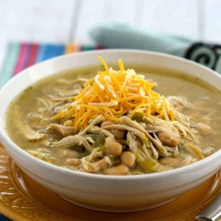 A bowl of White Chicken Chili Verde on a table