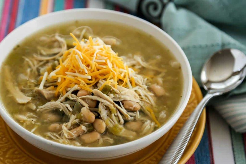 A bowl of soup, with White Chicken Chili Verde