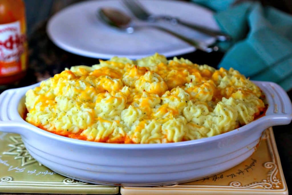 A casserole dish of Buffalo Chicken Shepherd's pie