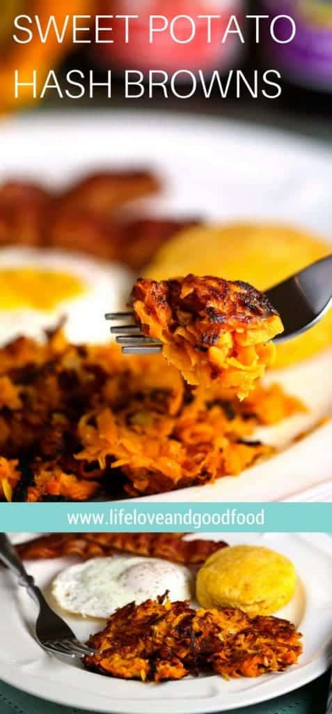 A close up of a plate of food, with Sweet Potato Hash Browns