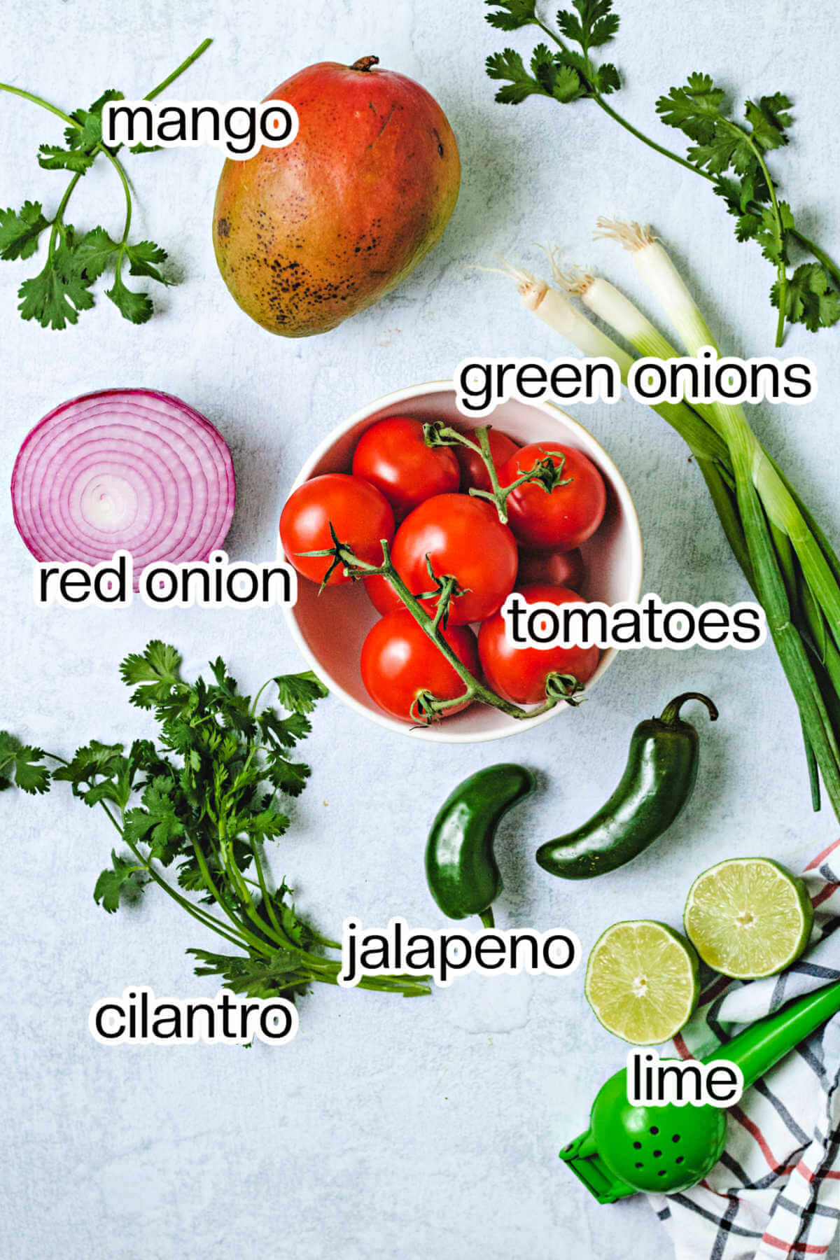 Ingredients for mango salsa on a table.
