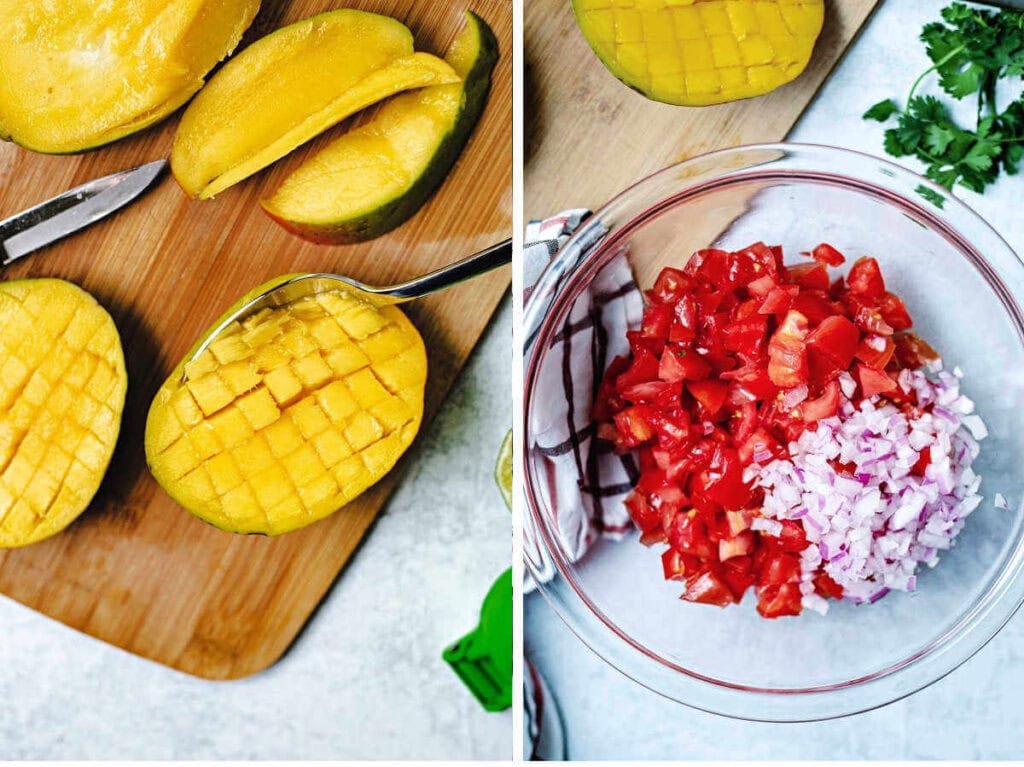 Side by side image showing dicing a mango and diced veggies in a bowl for salsa.