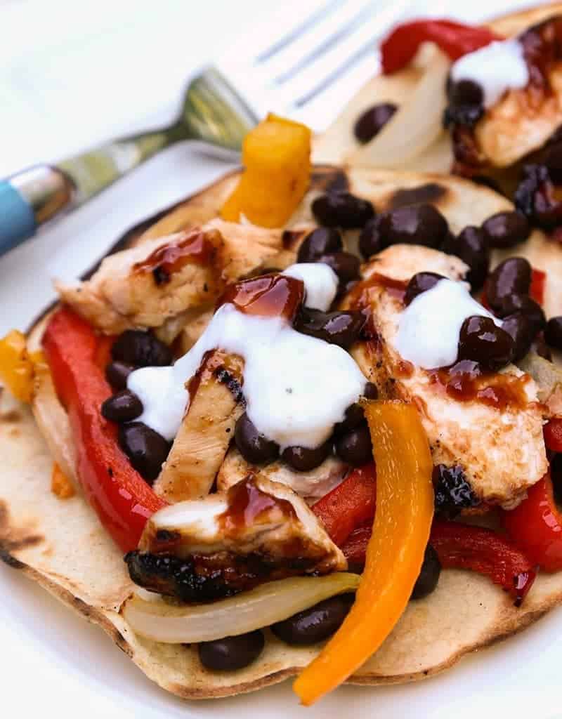 A plate of food, with BBQ Chicken Tostadas