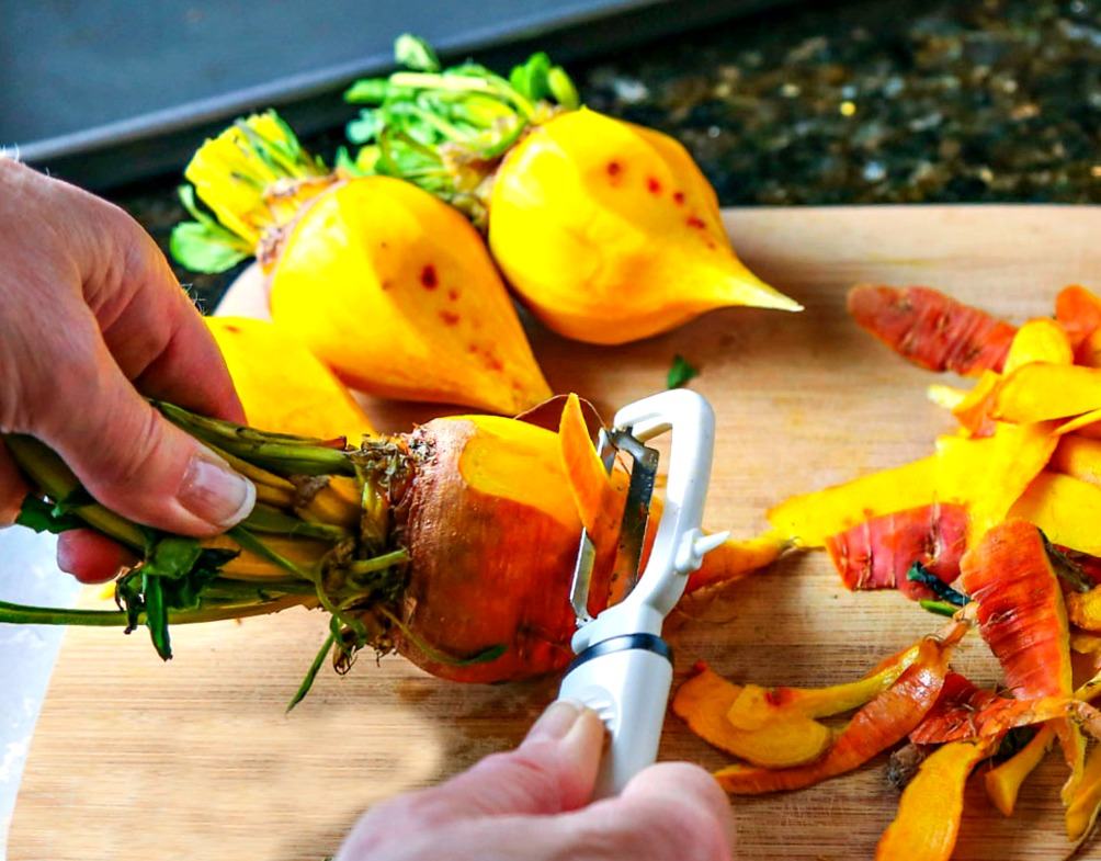 Peeling yellow beets