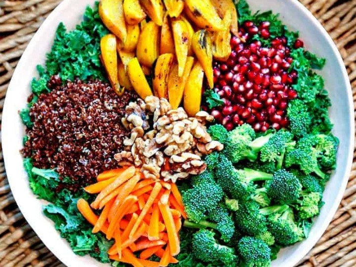 A bowl of fSuper Food Salad with Ginger Sesame Dressing