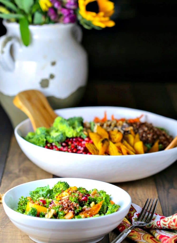 A bowl of fSuper Food Salad with Ginger Sesame Dressing on a table