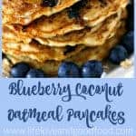 A stack of blueberry coconut oatmeal pancakes on a plate