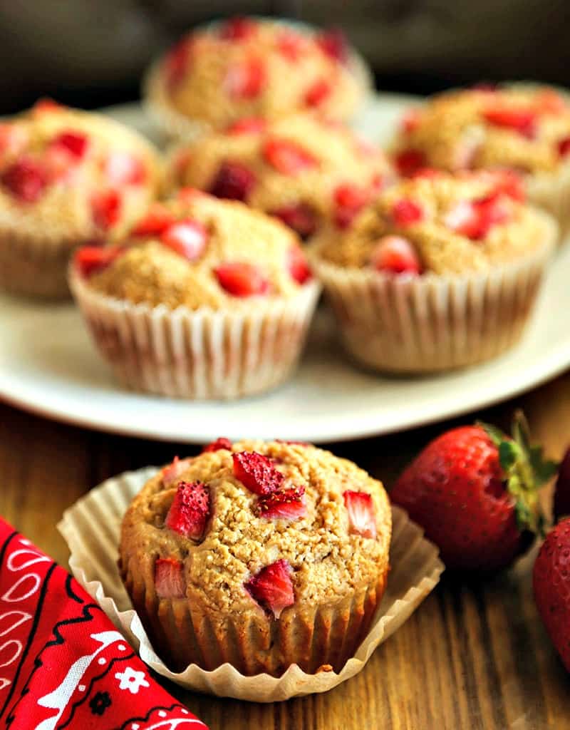 A close up of a strawberry muffins