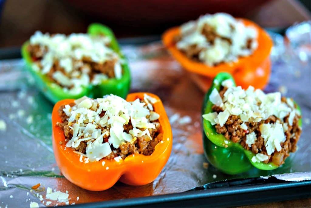 A close up of BBQ Turkey Stuffed Peppers ready for the oven