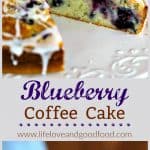Blueberry Coffee Cake on a white cake stand