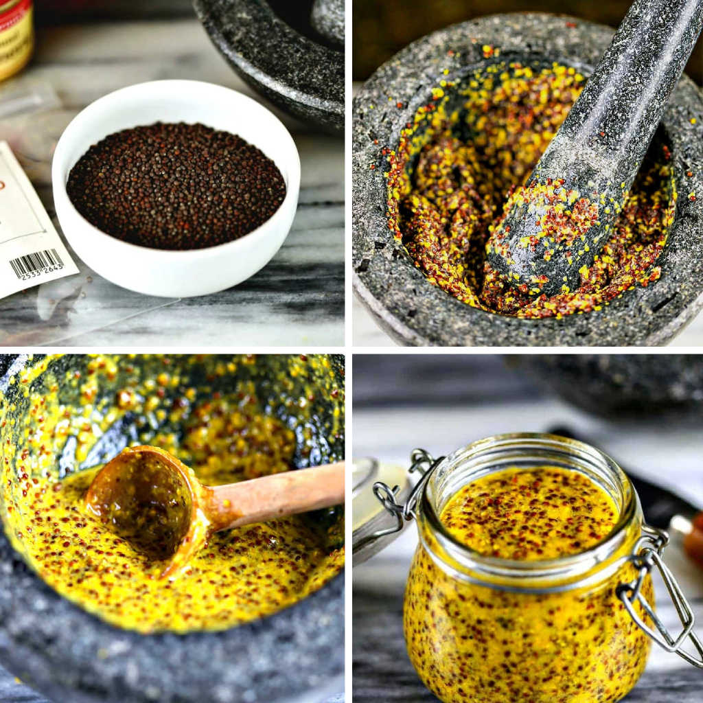 collage of images for homemade stone-ground mustard: mustard seeds, mortar and pestle, mustard in a jar