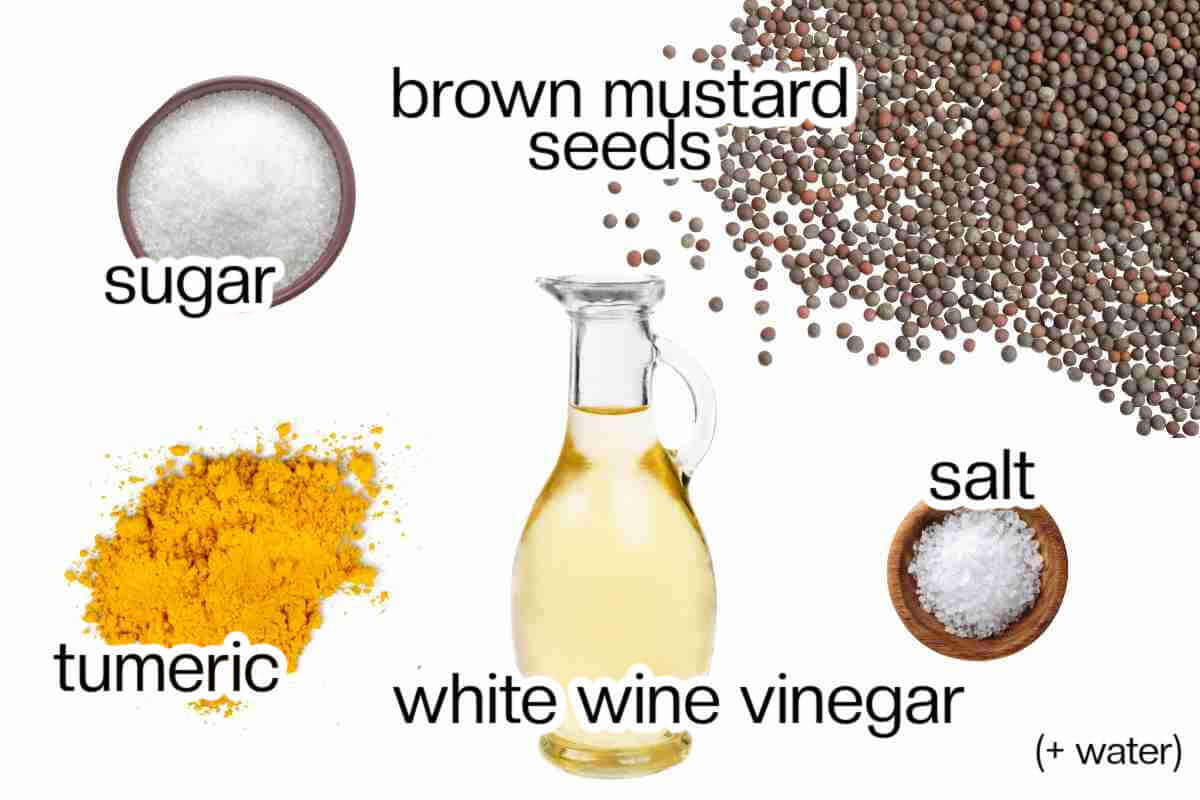 Collage of ingredients for homemade stone-ground mustard.