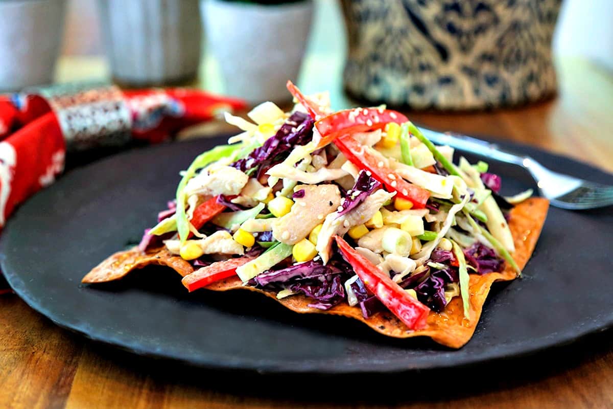 A plate of Asian Slaw with Egg Roll Crackers