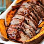 Easy preparation and simple ingredients combine to create a flavorful meal of Chili-Orange Glazed Pork Tenderloin with roasted sweet potato wedges.
