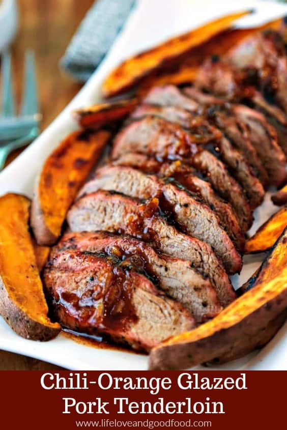 Easy preparation and simple ingredients combine to create a flavorful meal of Chili-Orange Glazed Pork Tenderloin with roasted sweet potato wedges. #grilling #porktenderloin #recipe #onthegrill #sweetpotatoes