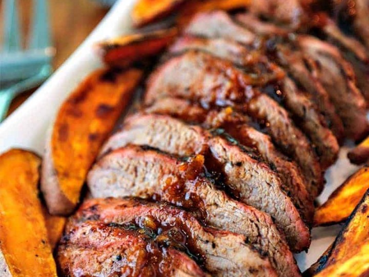 A close up of Chili-Orange Glazed Pork Tenderloin