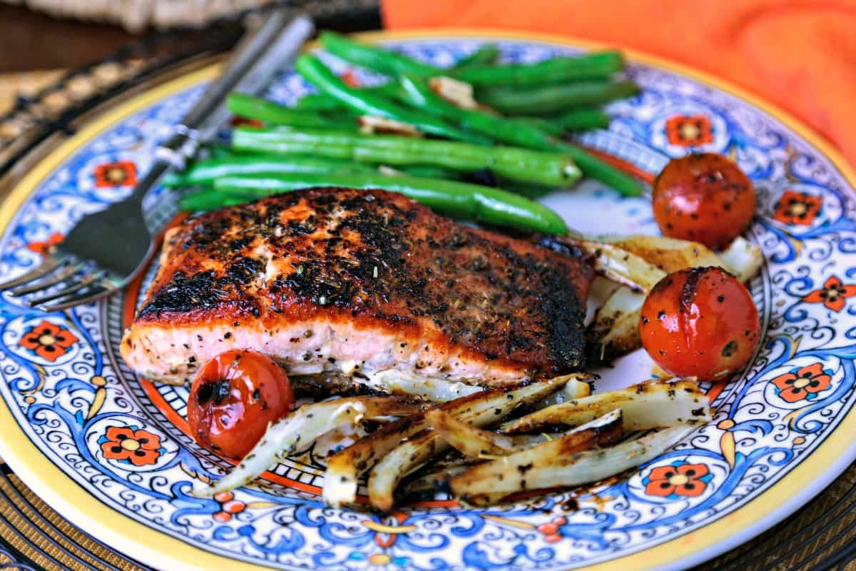 A plate of Mediterranean Salmon with fennel and tomatoes