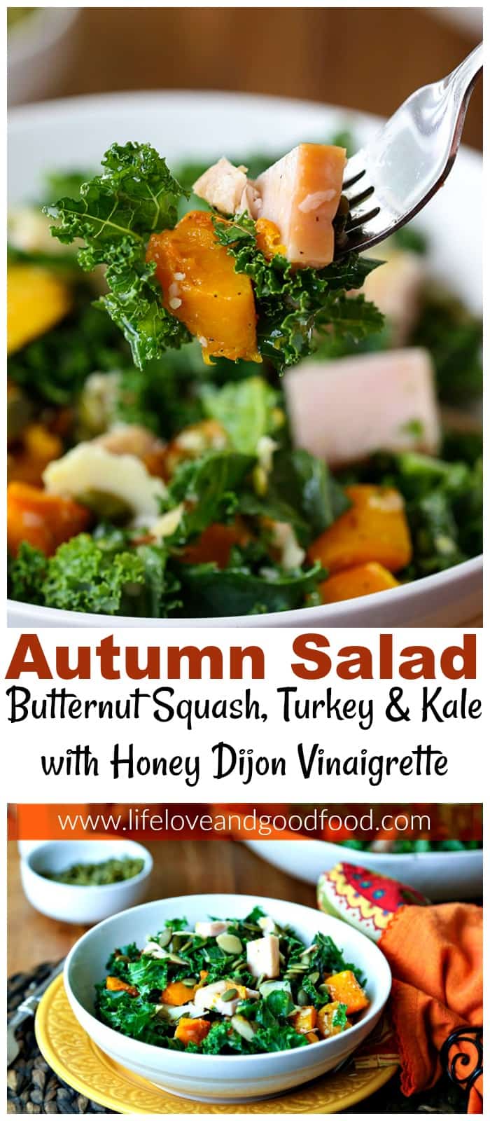 Autumn Salad with Butternut Squash, Turkey, and Kale with Honey Dijon Vinaigrette | Life, Love, and Good Food