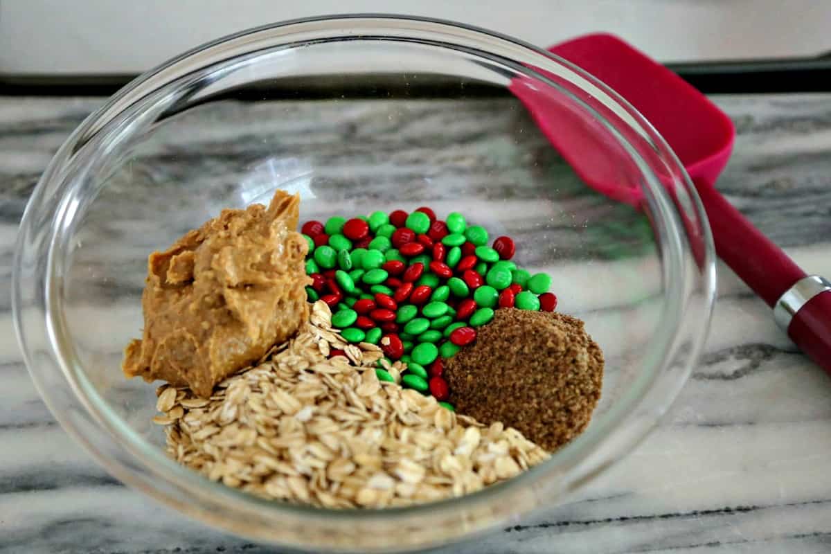 A bowl of ingredients for peanut butter oatmeal energy bites