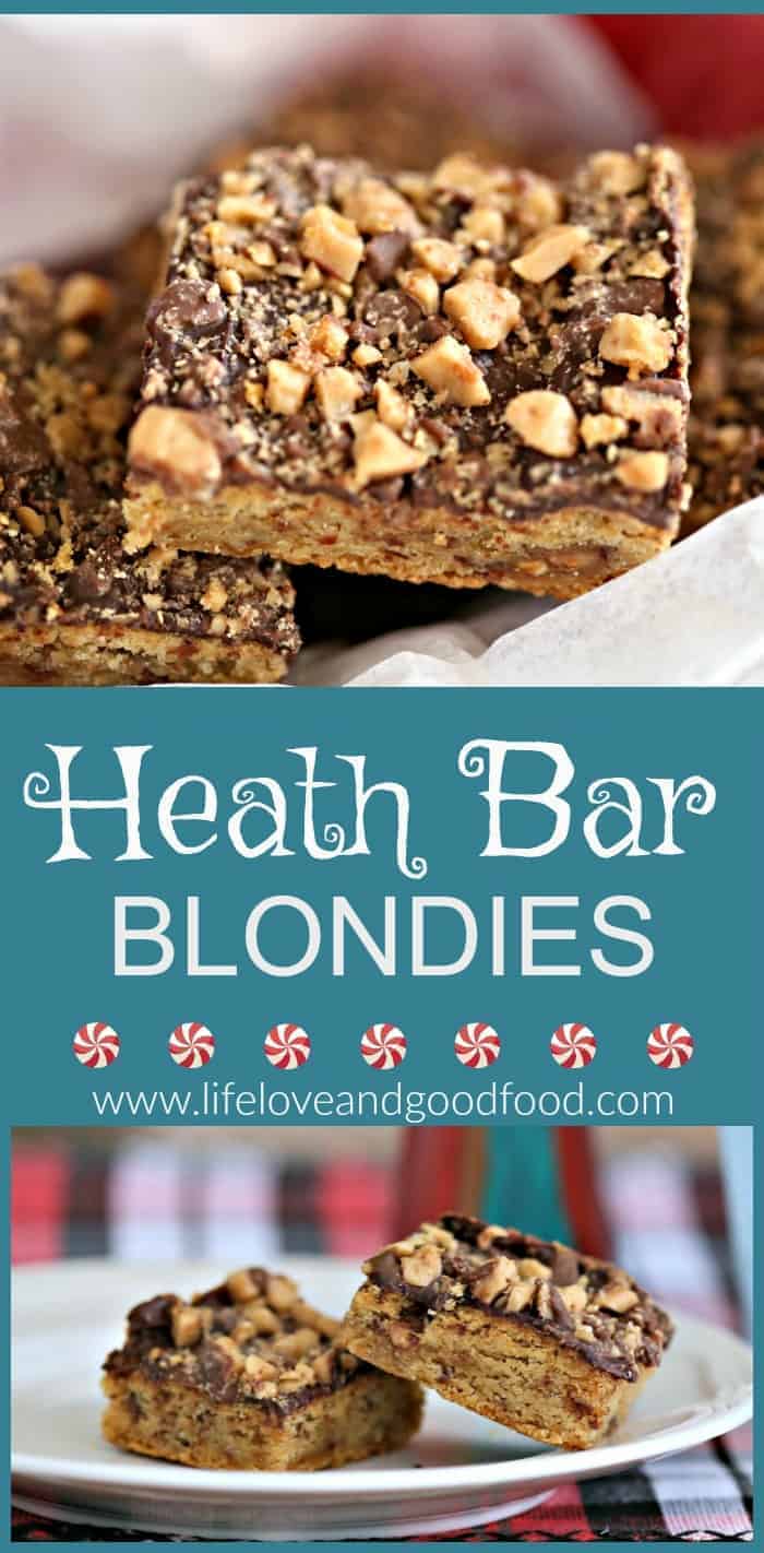 Heath Bar Blondies - Try this easy recipe for a chocolate-topped sweet dessert bar that's studded with Heath bar toffee bits inside and out! | Life, Love, and Good Food