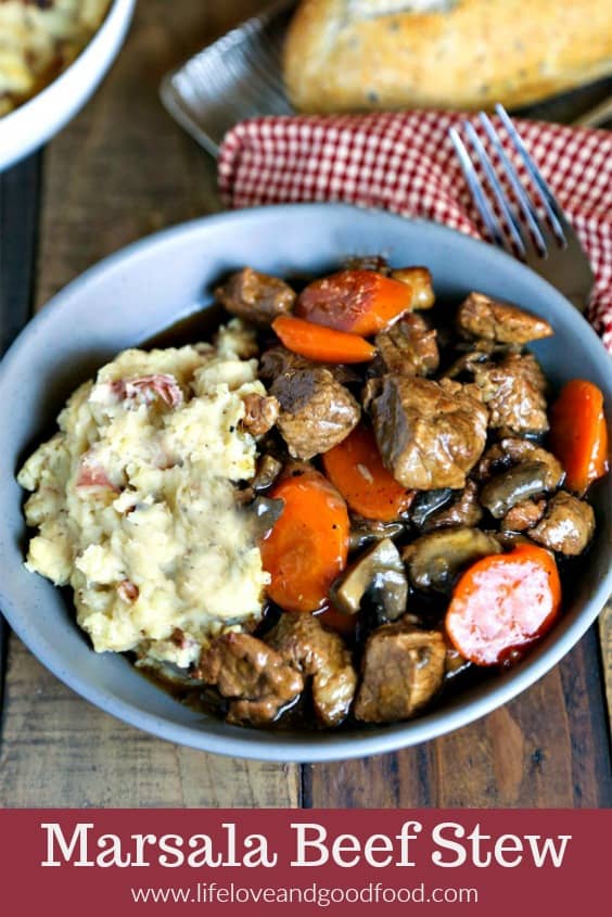 Marsala Beef Stew with Redskin Mashed Potatoes. A rich stew of beef, mushrooms, and carrots served over creamy rustic masted potatoes. | Life, Love, and Good Food