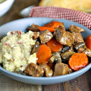 Marsala Beef Stew with Redskin Mashed Potatoes in blue bowl