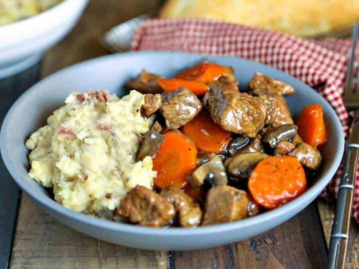 Marsala Beef Stew with Redskin Mashed Potatoes in blue bowl