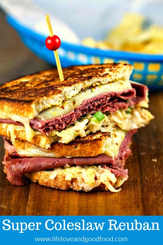 Super Coleslaw Reuben Sandwiches with melty Pepper Jack cheese and tangy coleslaw served hot off the griddle = a big win for this year's Super Bowl Party!