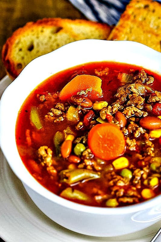 30-Minute Beefy Vegetable Soup in a white bowl
