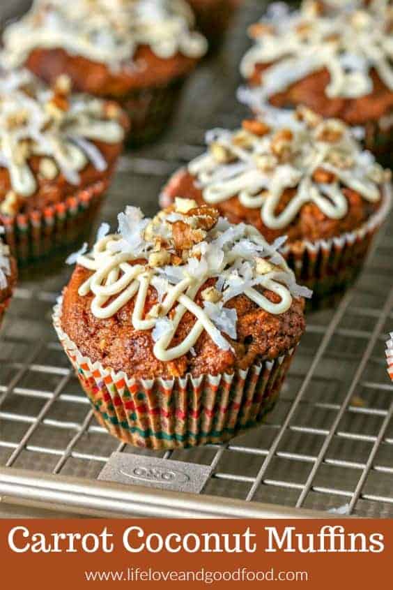 Drizzled with a honey cream cheese glaze, you'll have trouble deciding whether to serve these whole wheat Carrot Coconut Muffins for brunch or for dessert!