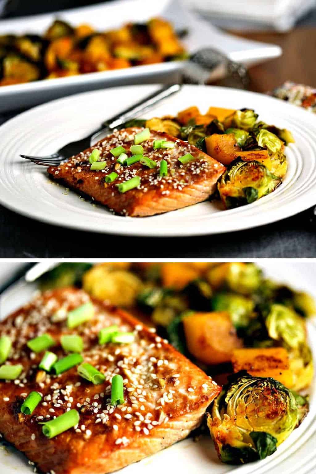 honey soy salmon with brussels sprouts and butternut squash