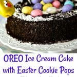 Hop on into Spring with this adorable Easter dessert, an Oreo Ice Cream Cake decorated with a “nest” of speckled Easter eggs and crowned with pink bunny and yellow chick Oreo cookie pops! IceCreamCakeBreak #sponsored