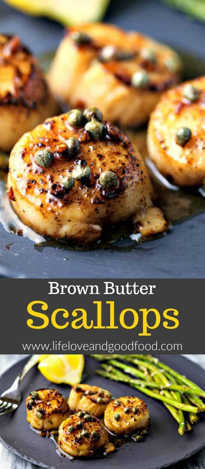 Brown Butter Scallops—sea scallops pan-seared in butter—get their finishing touch from a flavorful brown butter sauce enhanced with garlic, capers, and fresh-squeezed lemon juice for a truly gourmet dinner! #seafood #scallops #gourmetathome #dinner #recipe