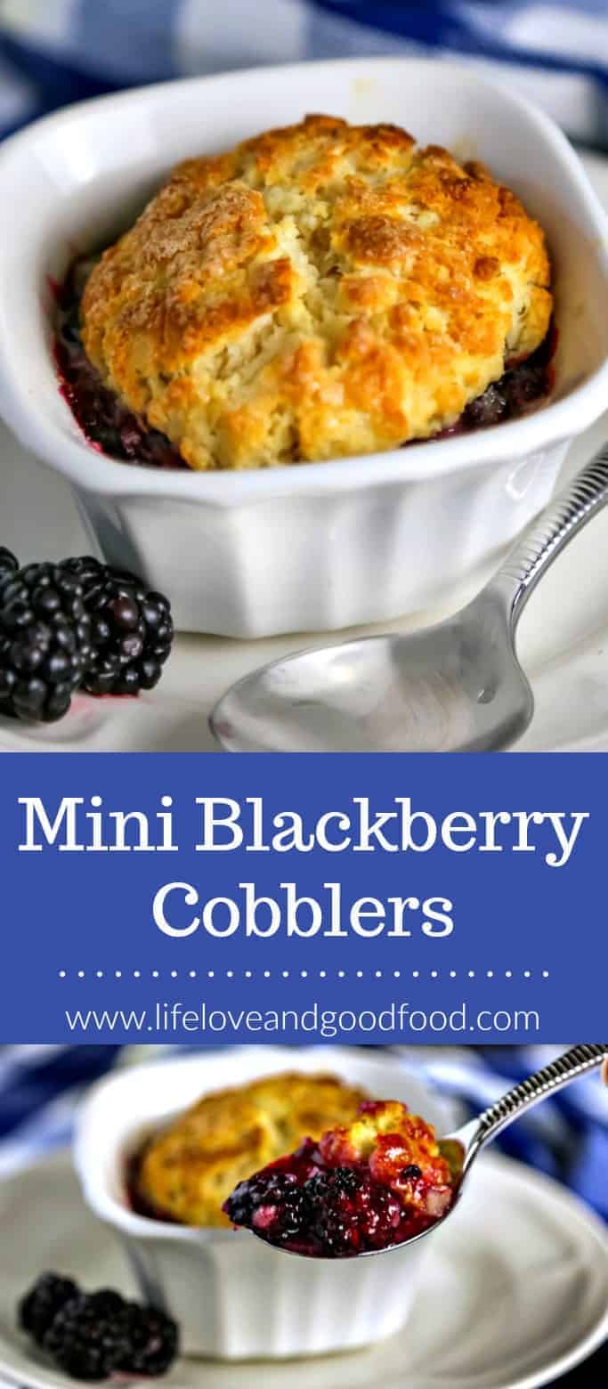 Mini Blackberry Cobblers with a buttery shortcake crust are baked in ramekins for perfectly-sized individual desserts. #blackberry #cobbler #pie #dessert #baking #summerdessert