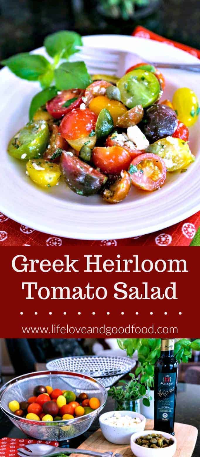 Garden fresh tomatoes make all the difference in the world when it comes to Summer salads, and now that they are in season, it’s the perfect time to enjoy this simple Greek Heirloom Tomato Salad. Dressed simply with a good quality extra-virgin olive oil, toss together a mixture of red, yellow, and green cherry tomatoes (or use heirloom tomatoes) with fresh herbs, capers, and Feta cheese and you have a tasty and gorgeous dish in just five minutes! #heirloomtomato #salad #recipe