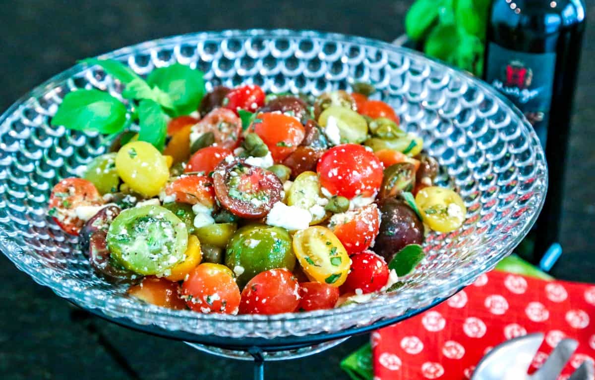 A bowl of Greek heirloom tomato salad