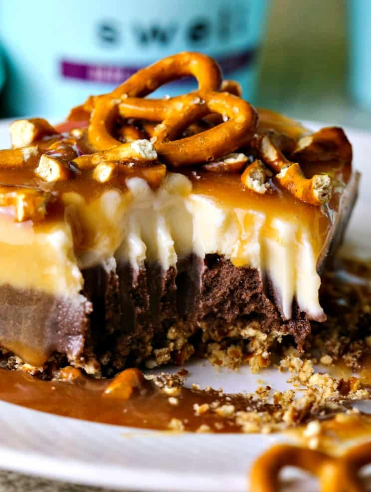 A close up of a slice of dark chocolate salted caramel ice cream dessert on a plate