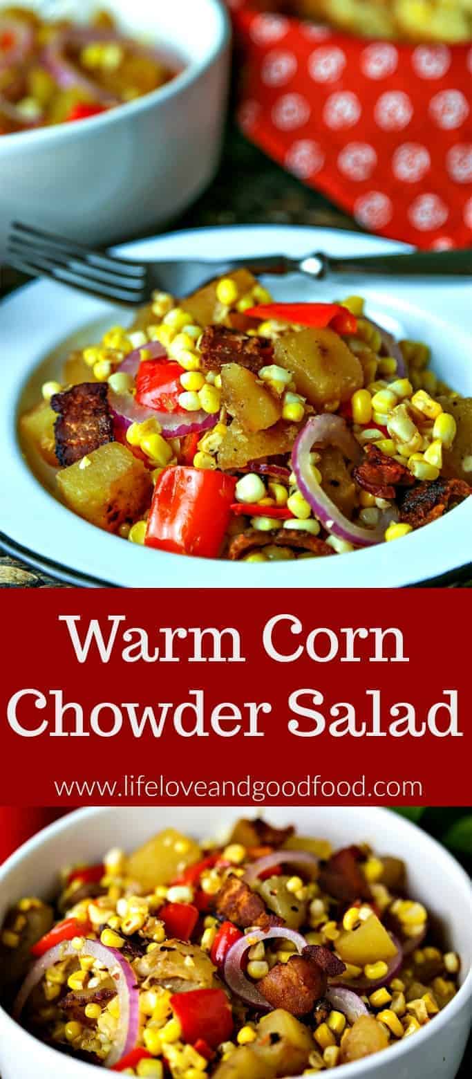 Warm Corn Chowder Salad—a quick pan fry of freshly cut corn, creamy Yukon gold potatoes, and diced red bell peppers is the base for this tangy vegetable salad. #salad #corn #potato #chowder #recipe #vegetable #sidedish