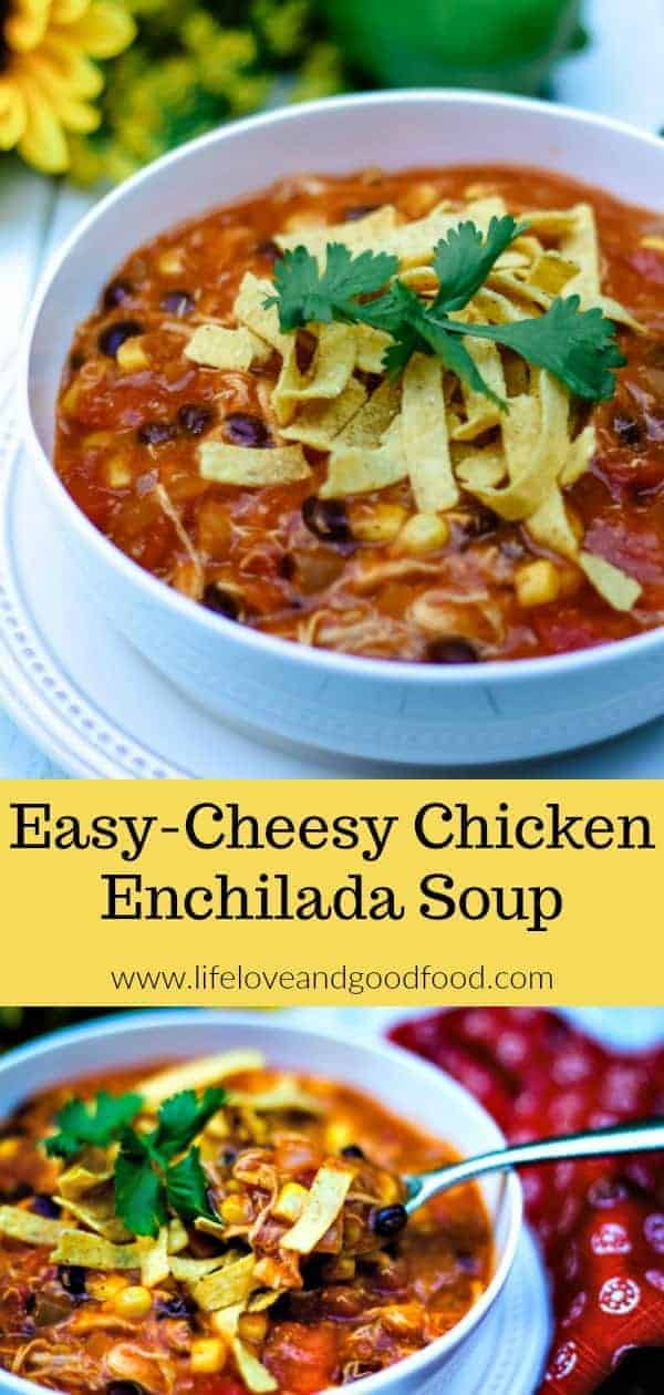 Get ready for Fall football parties and tailgates with this EASY-Cheesy Chicken Enchilada Soup made with a deli rotisserie chicken. Start to finish, this soup is ready in about 30 minutes! #soup #chicken #enchiladasoup #recipe #easyrecipe