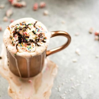 Dark chocolate peppermint mocha in a copper cup with whipped cream