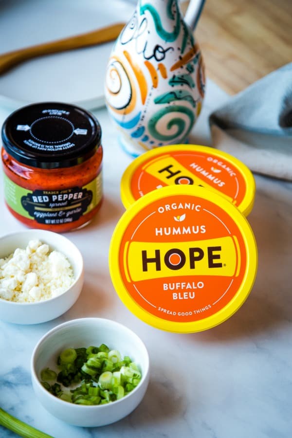 Hope Foods Buffalo Bleu Hummus and Trader Joe's Red Pepper Sauce